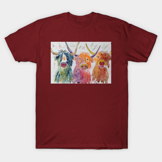 Three funny colourful Highland Cows T-Shirt by Casimirasquirkyart